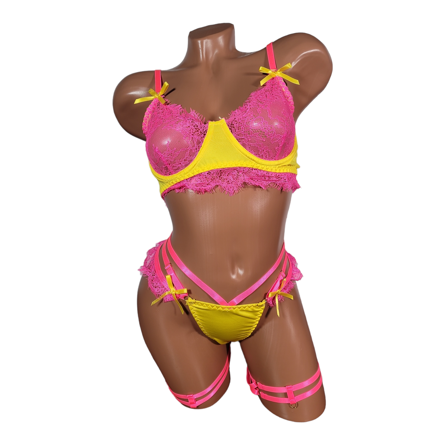 Pink and Yellow Lace Lingerie Set